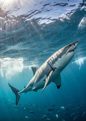 Fototapeta premium Apex Predator: A majestic Great White Shark glides gracefully through the crystalline ocean depths, its powerful form illuminated by the sunlit surface above, a captivating display of marine life.