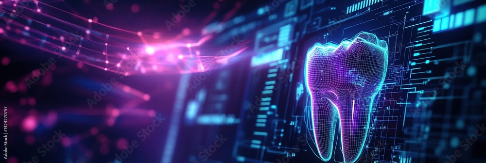 Aufkleber futuristic neon wireframe dental implant glowing in high-tech interface with digital elements in a s