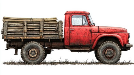 Obraz premium Red Truck Loaded with Wood, Rural Scene