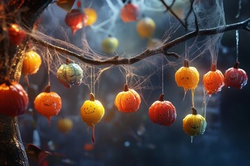 Glowing Dripping Pumpkins Hanging in a Webbed Halloween Scene