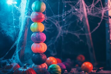 Tower of colorful pumpkins in a creepy Halloween atmosphere