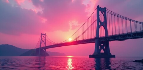 Obraz premium Soft pink sunrise glowing through suspension bridge's steel beams, suspension, clouds