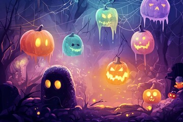 Eerie Floating Jack-o'-Lanterns in a Haunted Halloween Forest