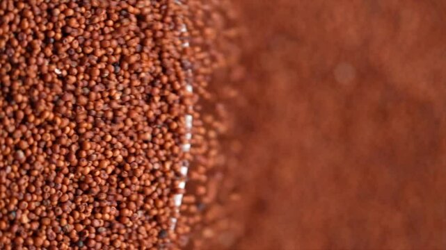Slow-motion top view of raw Finger Millets falling from a plate on a blurred pile of Finger Millets