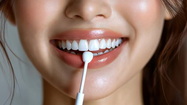 Close-up of a smiling woman using an oral irrigator or water flosser