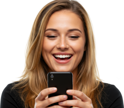 Happy Woman with Long Blonde Hair Laughing While Using Smartphone