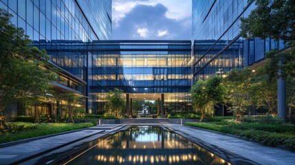 Fototapeta premium Modern office buildings reflecting in tranquil pond at dusk