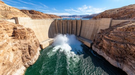 Concrete dam with cascading water Concept, Majestic Concrete Dam with Powerful Cascading Water Flowing into Turquoise Reservoir Surrounded by Mountains