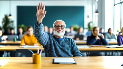 Engaged senior man raises hand to participate in a classroom discussion with attentive students