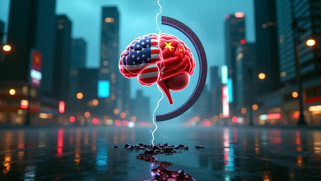 Ein Gehirn, zur H&auml;lfte mit der Textur der Fahne von Amerika und zur anderen H&auml;lfte der von China als Symbohl der Partnerschaft und Zusammenarbeit f&uuml;r eine bessere, friedlichere Welt.