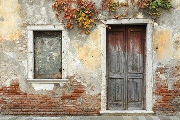 Weathered wooden door on rustic wall with exposed bricks. Neural network AI generated