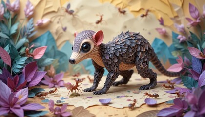 Obraz premium Adorable Papercrafted Opossum Amidst Vibrant Floral Landscape with Ants