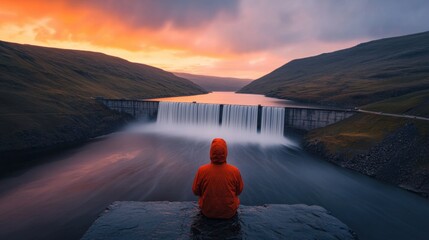 Obraz premium Concrete dam with cascading water Concept, Massive Dam with Cascading Water Glowing Under Soft Light during Sunset in Remote Landscape