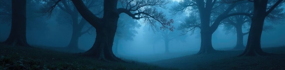 Twilight forest with misty fog enveloping ancient trees, darkness, foggy