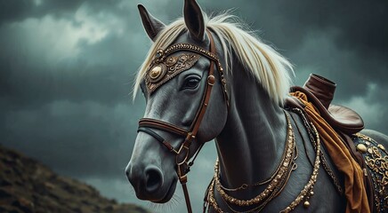 Obraz premium Artistic depiction of a majestic horse with intricate accessories in a dramatic setting