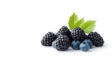 Fresh blackberries and blueberries with green leaves