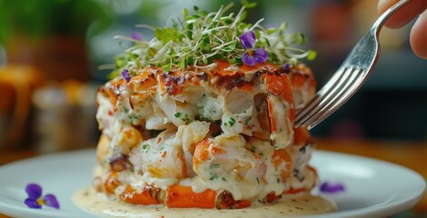 Forkful of creamy crab stack, restaurant setting, garnished with herbs and flowers