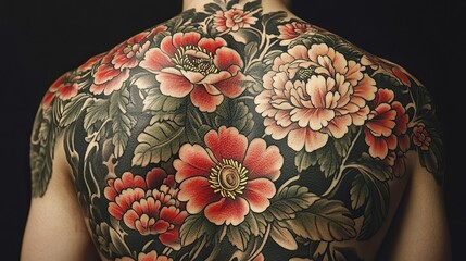 Detailed body art tattoo with floral patterns on the back.