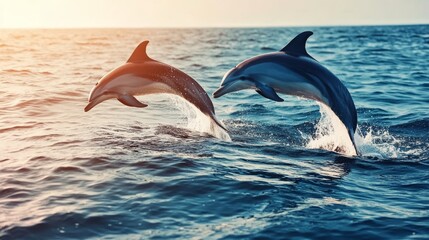 Under the serene backdrop of a sunset, two dolphins leap from the ocean's waves with effortless grace, representing the harmony and freedom that exists in marine wildlife