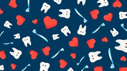 Cute happy teeth and heart pattern vector illustration for a dental healthcare