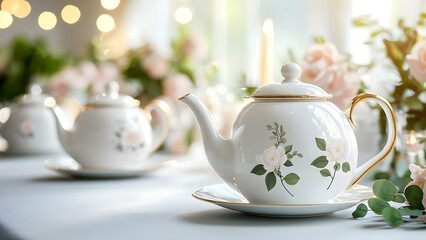 Fototapeta premium A beautifully designed porcelain teapot with floral decorations, set on a table adorned with soft lighting and flowers. Concept Porcelain Teapot Design, Floral Decorations, Elegant Table Setting
