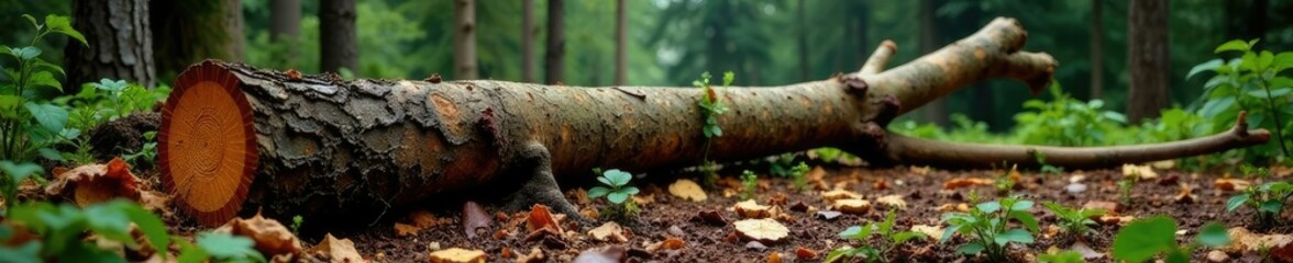 Obraz premium Uprooted Mountain Ash tree trunk lying on the ground, snapped trunks, fallen branches