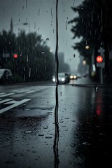 Rainy city street viewed through wet window.