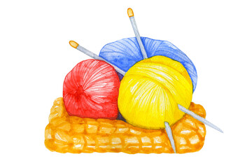 Balls of yarn threads. Watercolor hand drawn illustration. skeins of string with knitting needles. Hobby logo knitting, handicrafts label template isolated