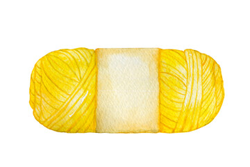 yellow ball of yarn with space for logo text. Watercolor hand drawn illustration on white background. Clipart knitting