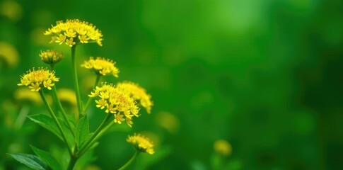 Yellowish-green flowers with long slender stems against a green background, herbaceous, evergreen shrubs, botanical