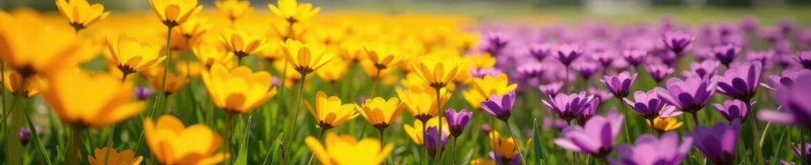 Yellow petals dance with purple companions in an idyllic flower field, field of flowers, colorful blooms, yellow and purple flowers