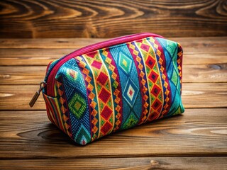 Cosmetic Pouch Photography: Vertical Flat Lay, Wooden Background, Clean Aesthetic