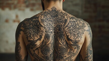 Large back tattoo featuring bold ink outlines.