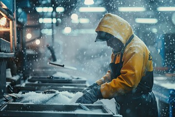 High Detail Picture of Worker at Seafood Processing Plant in Winter