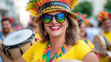 Vibrant Woman with Sunglasses and Drums at Colorful Festival