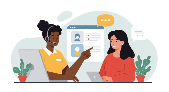 Customer service and support, a friendly customer service representative assisting a customer online, focus on customer satisfaction and helpfulness, bright and positive style, flat illustration