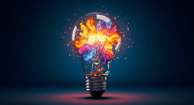 Innovation and creativity, a light bulb filled with colorful abstract shapes and ideas, focus on creative thinking and innovation, vibrant and imaginative style, surreal art