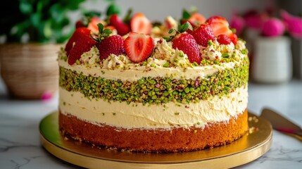 Delectable Strawberry Cream Cake with Pistachio Crumble Topping   A Visually Stunning and Indulgent Dessert Perfect for Special Occasions