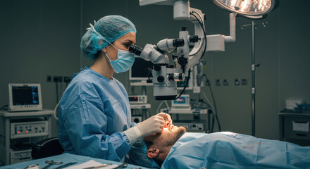 Eye Surgery Precision: Surgeon Using Microscope for Detailed Procedure - Patient Care in Operation Room