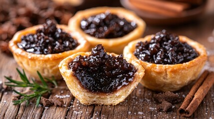 Golden pastry tarts filled with dark fruit mince, garnished with rosemary