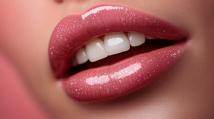 Obraz premium Embodying beauty and femininity, a close up features beautiful plump female lips adorned with pink lipstick slightly parted to reveal white teeth against a matching pink background.