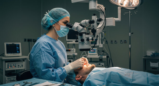 Eye Surgery Precision: Surgeon Using Microscope for Detailed Procedure - Patient Care in Operation Room