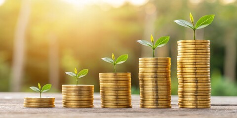 Coin investment growth plant sustainable wealth financial forecast prosperity Capital expansion adviser income balance asset security profitable business trajectory blur background stack money saving