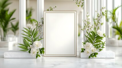 A blank frame surrounded by white flowers and green leaves, set in a bright, modern indoor space. Concept Floral Decor, Indoor Aesthetics, Minimalist Design, Bright Spaces, Nature-Inspired Decor