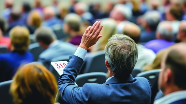 Enthusiastic crowd in formal attire at an auction, raising hands or white paddles with red numbers, capturing the vibrant energy and competitive spirit of auction culture.