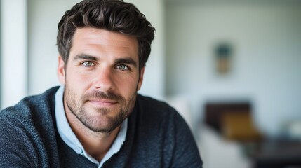 A serious and ambitious young businessman in his late 20s to early 30s, with a well-groomed beard, dressed in casual business attire.