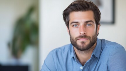 Obraz premium A serious and ambitious young businessman in his late 20s to early 30s, with a well-groomed beard, dressed in casual business attire.