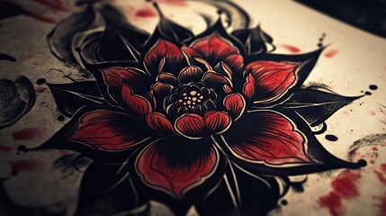 Traditional tattoo design in black and red ink.