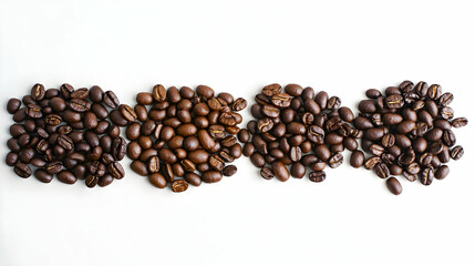 Four Circular Piles Of Chocolate Covered Coffee Beans Arranged On A Clean White Background Showcasing Variations In Bean Size And Chocolate Coating