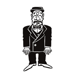 Old fashioned man in gentleman hat, silhouette monochrome vector